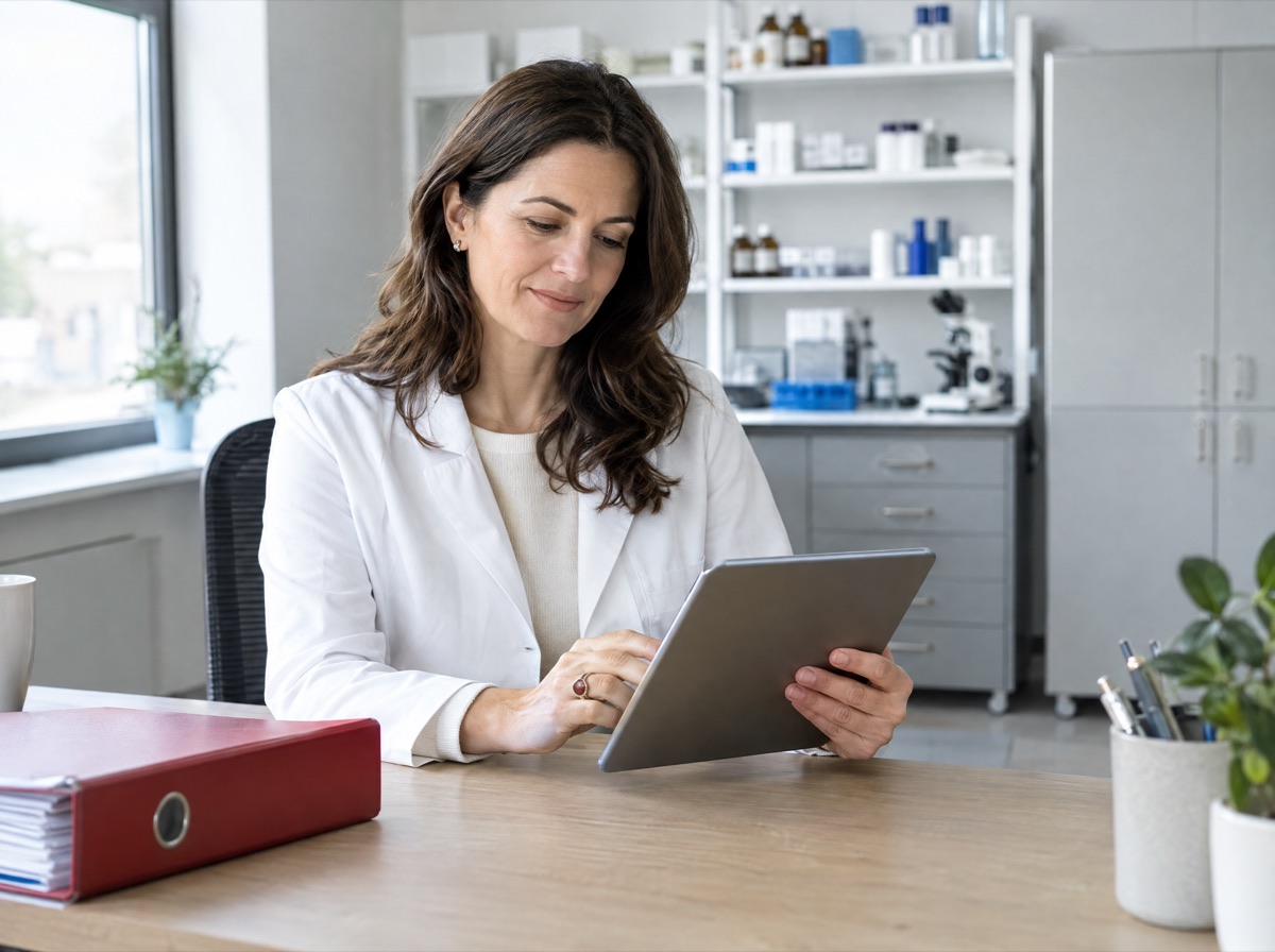 KI-generiertes Symbolbild: Inhaberin einer Apotheke prüft im Büro ein Angebot auf dem Tablet