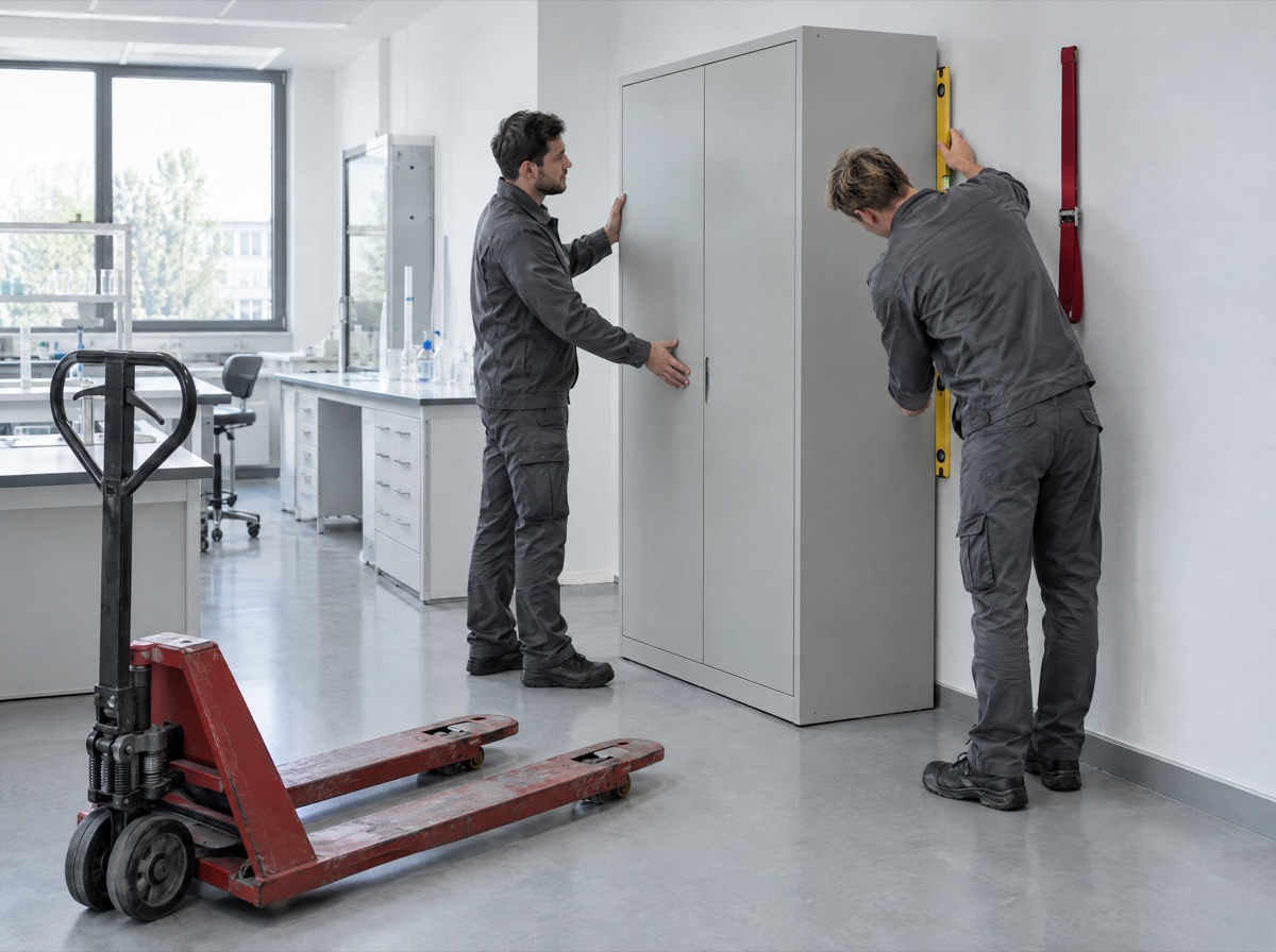 KI-generiertes Symbolbild: zwei Monteure richten einen grauen Schrank in einem Labor aus