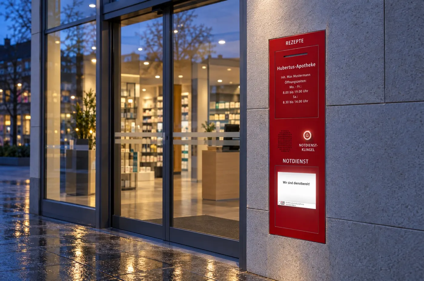KI-generiertes Symbolbild: rote Notdienstanlage mit Durchreiche, Klingel und Notdienstanzeige neben dem Eingang einer Apotheke am Abend