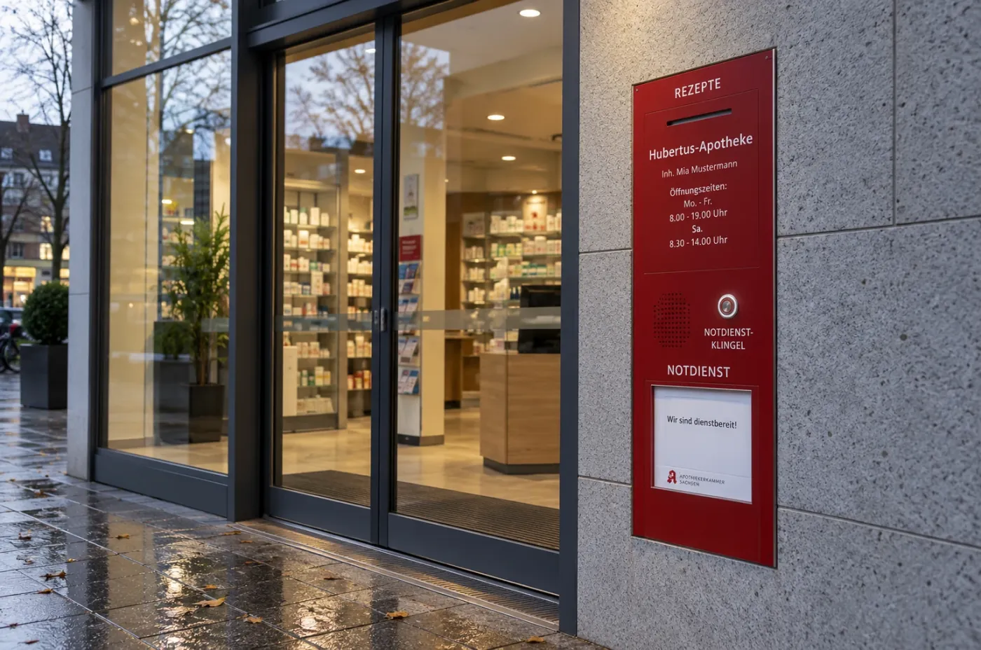 KI-generiertes Symbolbild: rote Notdienstanlage mit Durchreiche, Klingel und Notdienstanzeige neben dem Eingang einer Apotheke am Abend