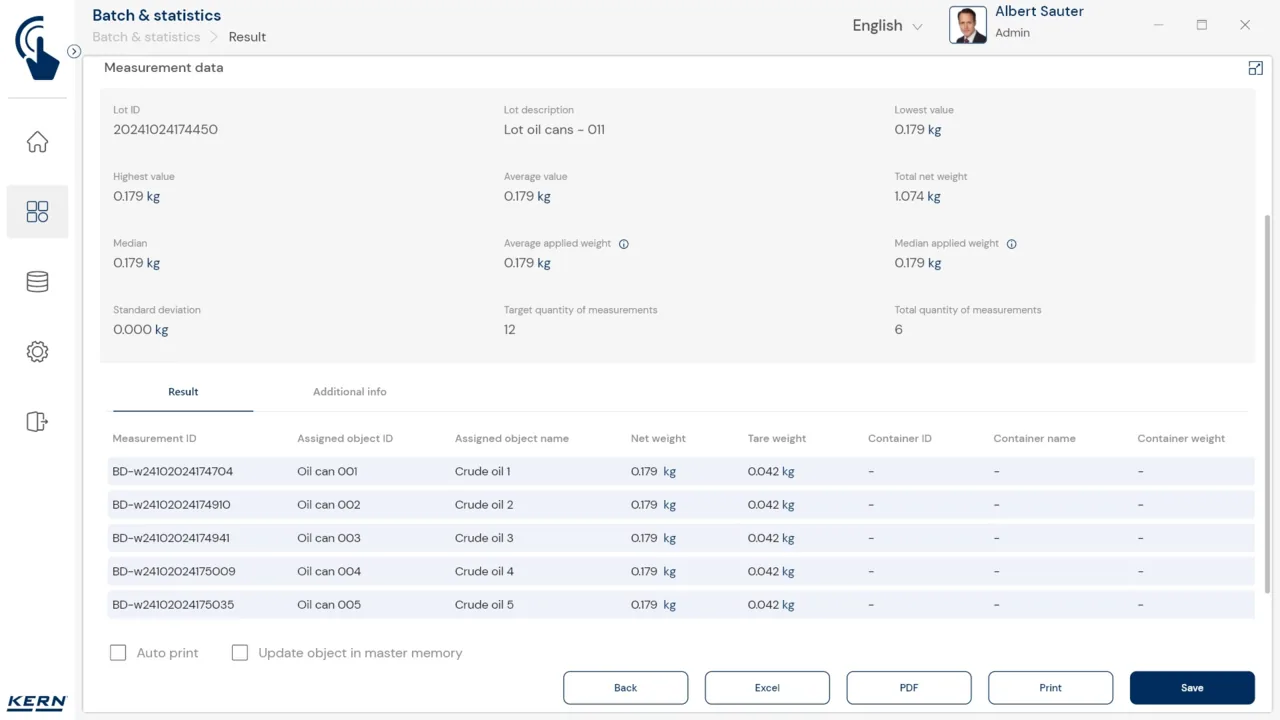 KERN EasyTouch SET-16 Batch and Statistics