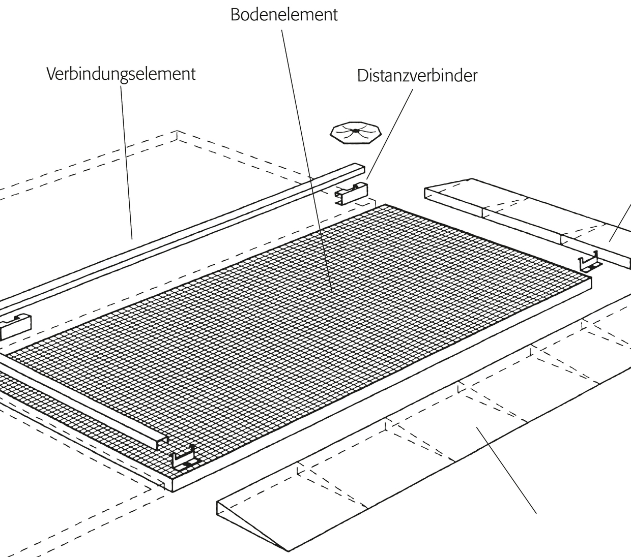 Distanzverbinder für Bodenelemente Höhe 123 mm, verzinkter Stahl, Maße 25x120x123 mm