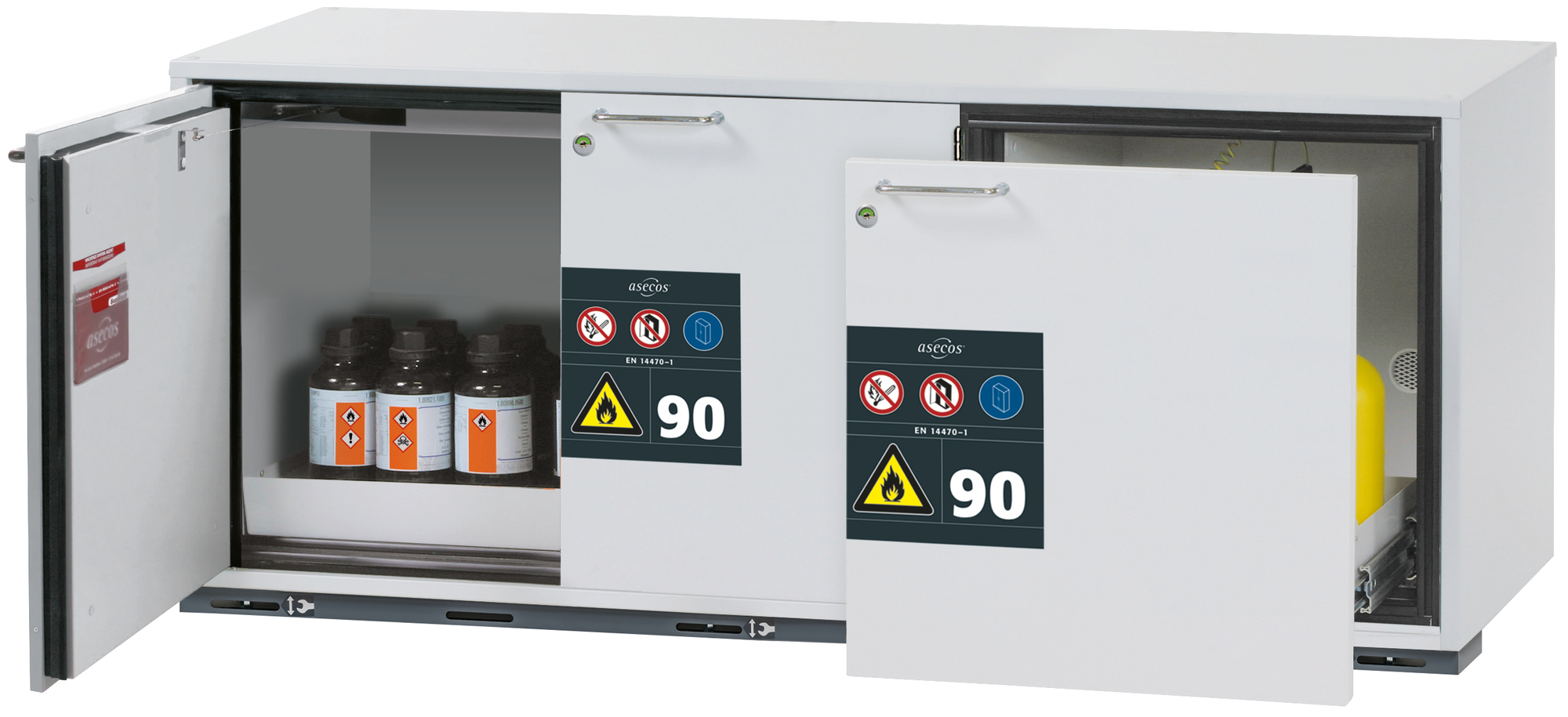 Unterbau-Sicherheitsschrank Typ 90, 140 cm breit, 57 cm tief, Schublade und Tür – asecos UB-ST-90 Unterbau-Sicherheitsschrank Typ 90, 140 cm breit, 57 cm tief, Schublade und Tür – asecos UB-ST-90