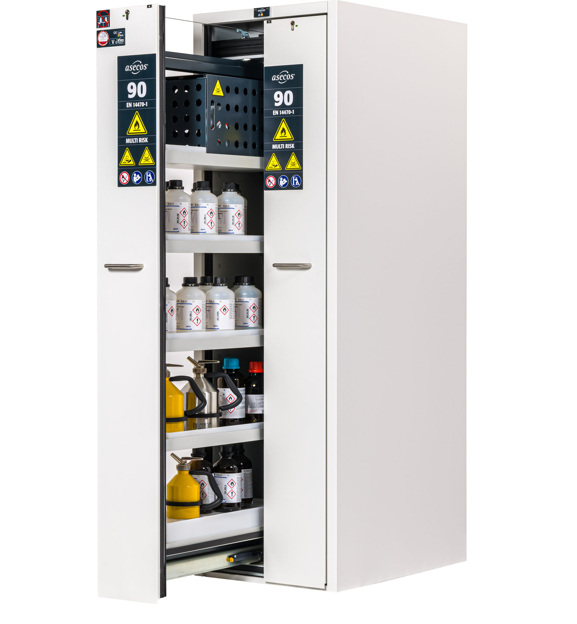 Sicherheitsschrank Typ 90 mit Vertikalauszug, 60 cm breit, 86 cm tief, 2 Auszüge, mit Mittelwand – asecos V-CLASSIC-90 Sicherheitsschrank Typ 90 mit Vertikalauszug, 60 cm breit, 86 cm tief, 2 Auszüge, mit Mittelwand – asecos V-CLASSIC-90