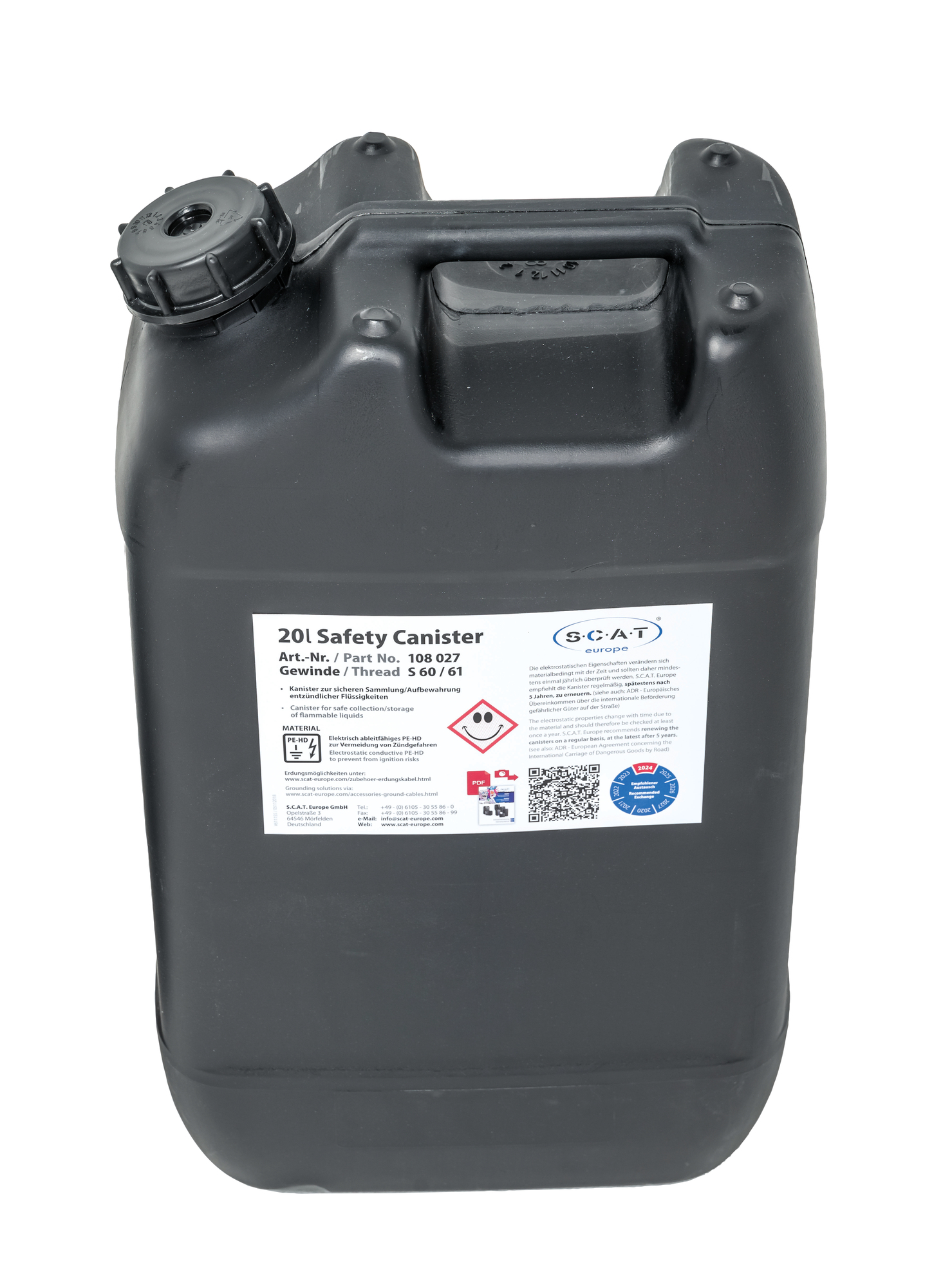 Kanister, Polyethylen leitfähig, Inhalt 20,00Liter, Maße 185x290x500 mm