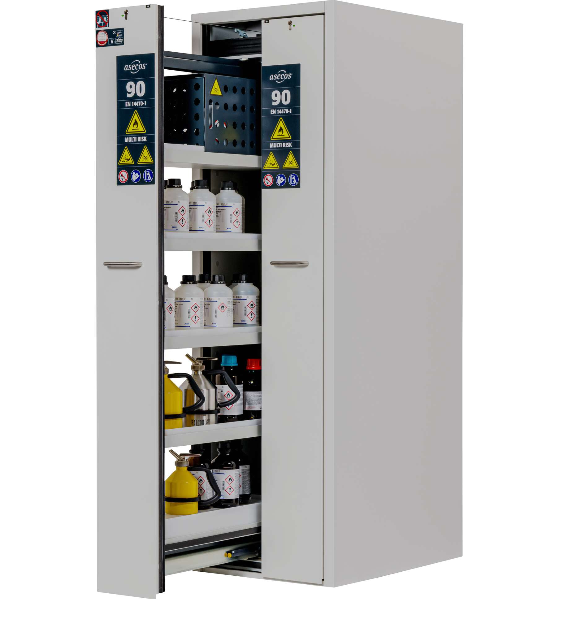 Sicherheitsschrank Typ 90 mit Vertikalauszug, 60 cm breit, 86 cm tief, 2 Auszüge, mit Mittelwand – asecos V-CLASSIC-90